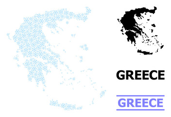 Vector collage map of Greece organized for New Year, Christmas celebration, and winter. Mosaic map of Greece is made from light blue snow items. Design template for patriotic and New Year posters.