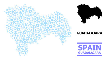 Obraz premium Vector mosaic map of Guadalajara Province combined for New Year, Christmas celebration, and winter. Mosaic map of Guadalajara Province is composed from light blue snow items.