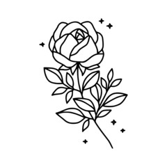 Hand drawn vector feminine logo design line art. Rose flower and botanical leaf branch illustration. Symbols and icon for wedding, business card, cosmetics, jewel, brand, and beauty products