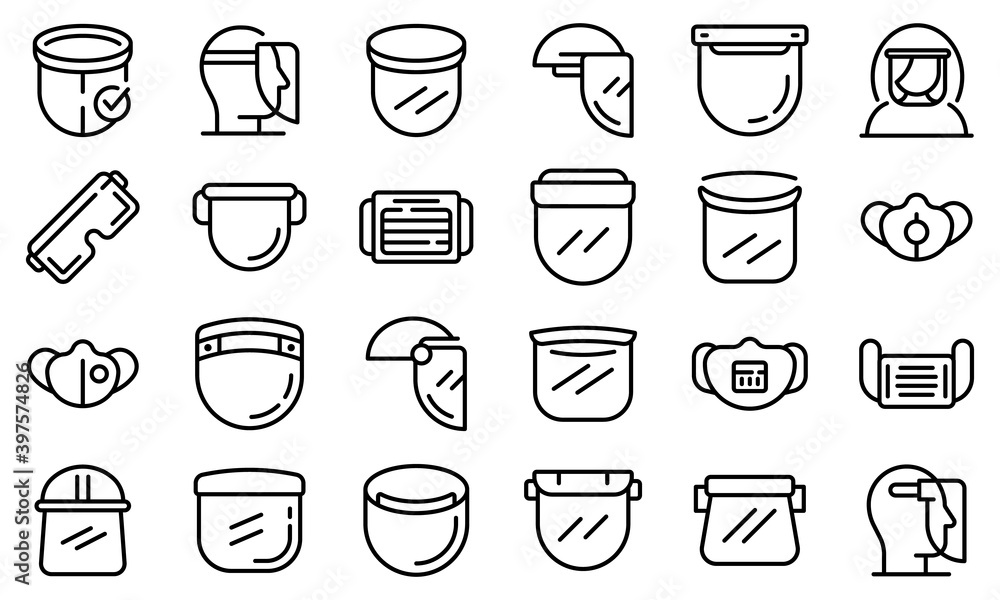Poster face shield icons set. outline set of face shield vector icons for web design isolated on white back