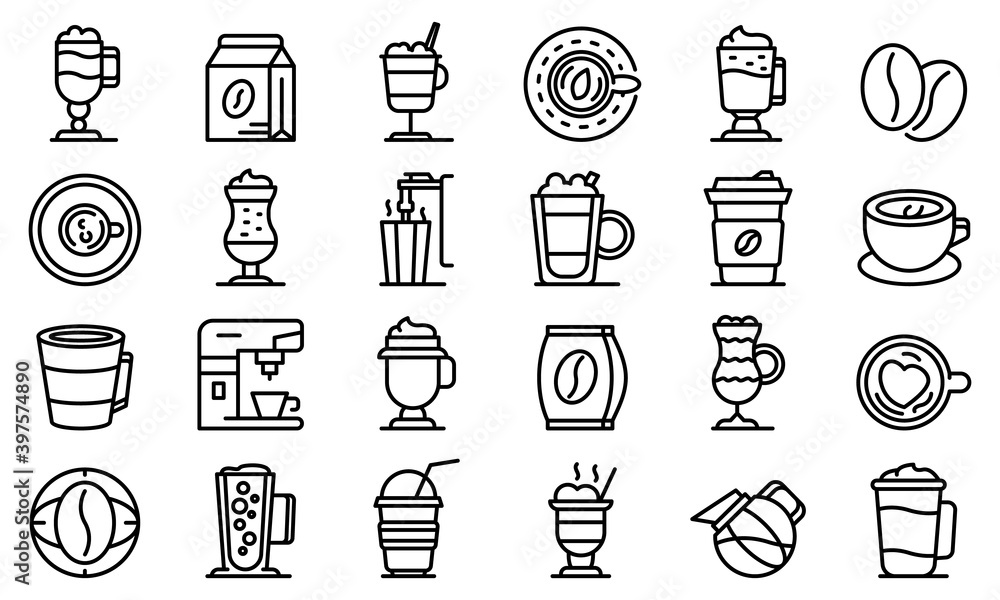 Poster latte icons set. outline set of latte vector icons for web design isolated on white background
