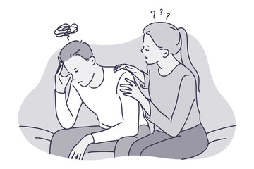 Sadness, grief, mental depression and support concept. Young unhappy man thinking about bad news suffering from depressed state of mind and getting support from friend illustration