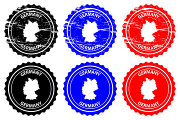Germany - rubber stamp - vector, Deutschland map pattern - sticker - black, blue and red