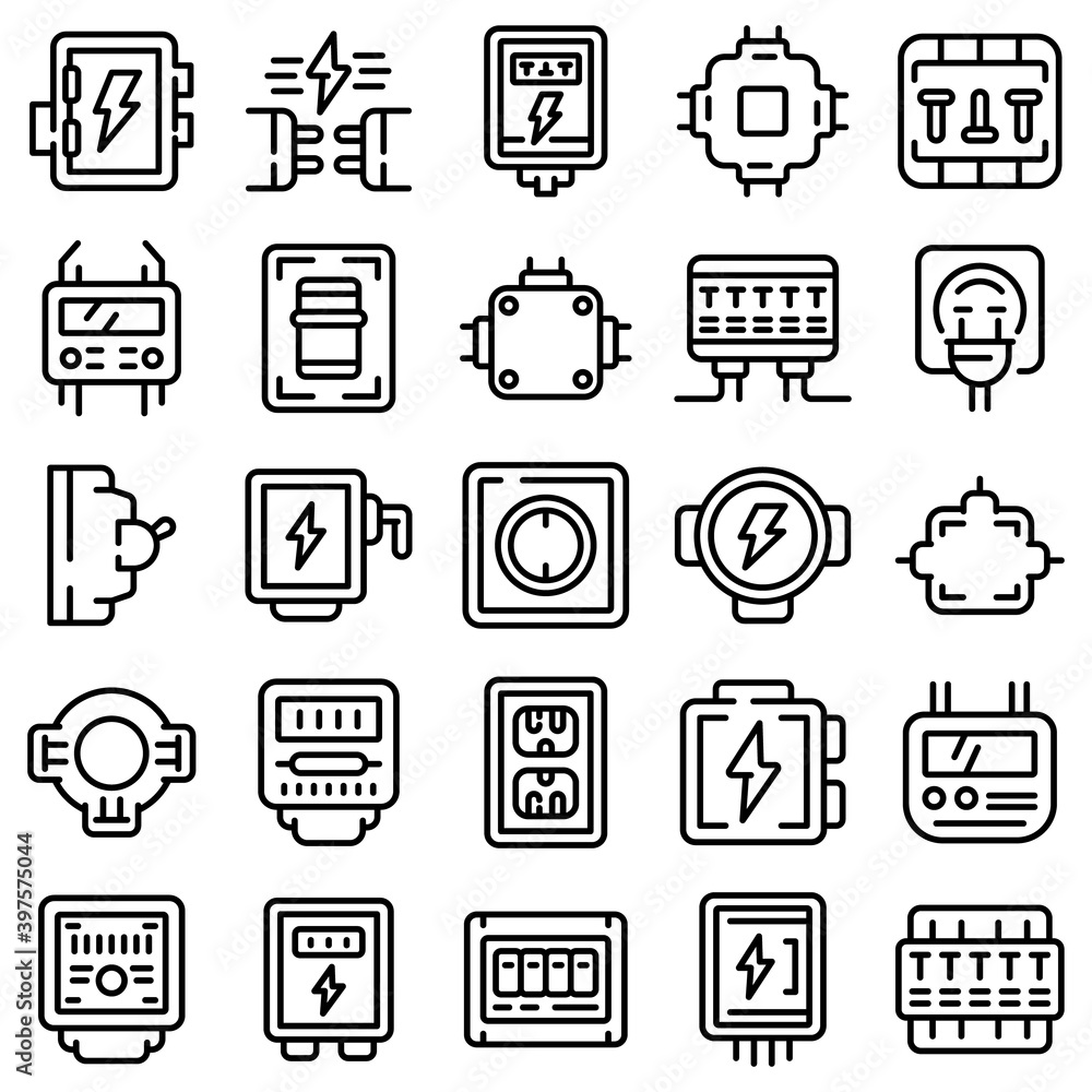 Poster junction box icons set. outline set of junction box vector icons for web design isolated on white ba