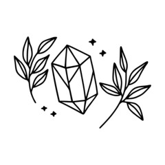 Hand drawn vector feminine logo design line art. Rose flower, crystal, gem, and botanical leaf branch illustration. Symbols and icon for wedding, business card, cosmetics, jewel, and beauty products