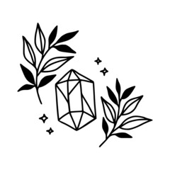 Hand drawn vector feminine logo design line art. Rose flower, crystal, gem, and botanical leaf branch illustration. Symbols and icon for wedding, business card, cosmetics, jewel, and beauty products
