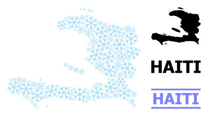 Vector composition map of Haiti designed for New Year, Christmas celebration, and winter. Mosaic map of Haiti is shaped with light blue snow items.