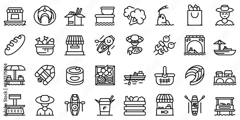 Poster floating market icons set. outline set of floating market vector icons for web design isolated on wh