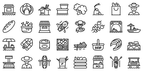 Floating market icons set. Outline set of floating market vector icons for web design isolated on white background