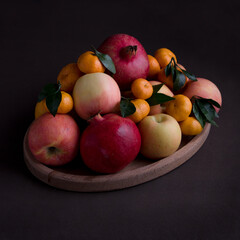 Fruits, apples, pomegranates, tangerines with green leaves on a wooden dish on a dark background