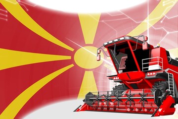 Fototapeta na wymiar Agriculture innovation concept, red advanced grain combine harvester on Macedonia flag - digital industrial 3D illustration