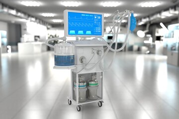 Medical 3D illustration, ICU artificial lung ventilator with fictive design in therapy hospital with bokeh - stop coronavirus concept