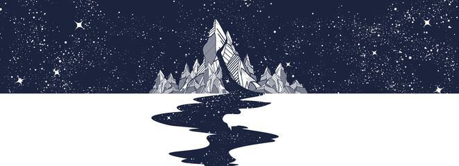 Rivier van sterren, berg en nachtelijke hemel. Zwart-wit surrealistisch grafisch. Oneindige ruimte, meditatiekunst, reis- en toerismestijl. Eindeloos universum concept