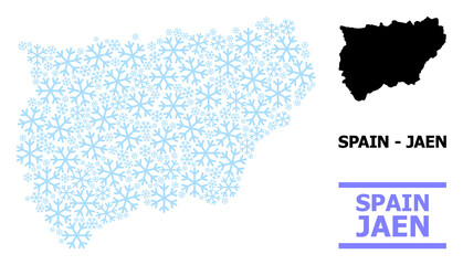 Obraz premium Vector mosaic map of Jaen Spanish Province organized for New Year, Christmas celebration, and winter. Mosaic map of Jaen Spanish Province is organized of light blue snow parts.