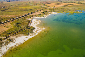 Ornithological nature park, shore of Vrana lake (Vransko jezero) in Dalmatia, Croatia, drone aerial view