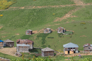 Mountain village in the mountains. Old Georgian wooden houses among the mountain