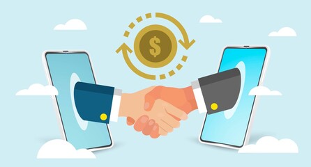 Vector illustratation of hand shake via two mobile phone. Digital money transfer via mobile app. E-wallet concept Secure connection.