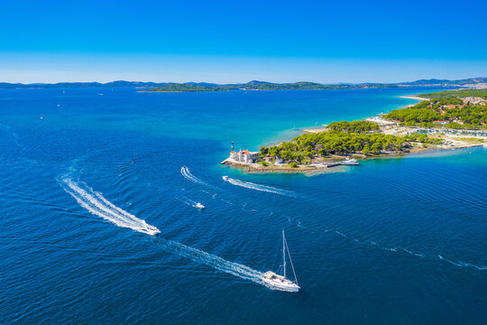 Aerial view of lighthouse in town of Jadrija in Sibenik bay in Croatia, beautiful seascape