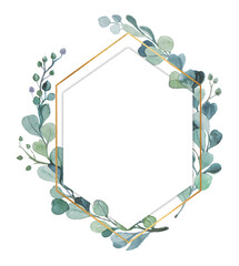 Watercolor cute eucalyptus frame on the white background. Illustration for wedding. Pink roses clipart. © Татьяна Комцян