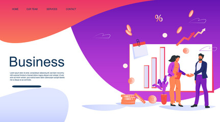 Website interface of business concept in agreements, handshake and corporation. Signing contract and partnership negotiations with business people , flat vector illustration.