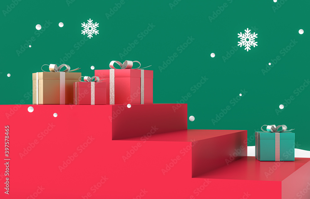 Aufkleber winter christmas scene with a podium backdrop for product display. 3d render.