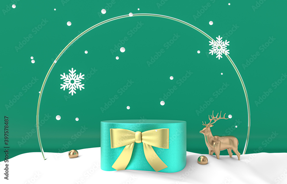 Aufkleber winter christmas scene with a podium backdrop for product display. 3d render.
