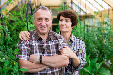 Portrait of happy elderly couple in the greenhouse