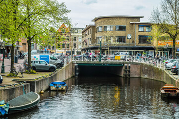 Fototapeta na wymiar Water canal in Leiden, Netherlands. Photographed in April 2017