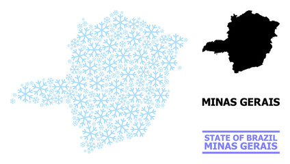 Obraz premium Vector mosaic map of Minas Gerais State constructed for New Year, Christmas celebration, and winter. Mosaic map of Minas Gerais State is shaped from light blue snow items.