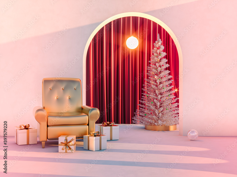 Poster winter christmas scene with a podium backdrop for product display. 3d render.