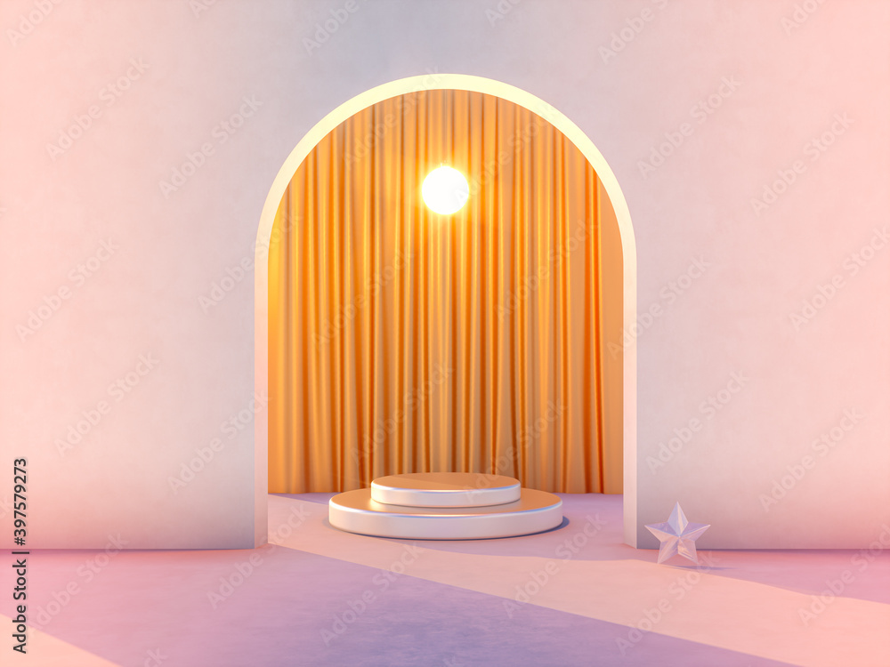 Poster winter christmas scene with a podium backdrop for product display. 3d render.