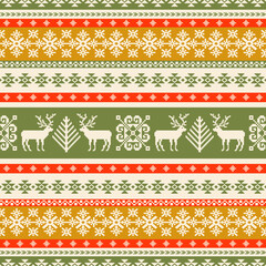 Christmas trees and reindeers background. Traditional nordic knitted motives. Seamless ornamental pattern