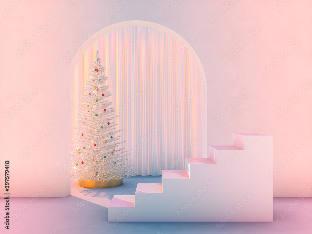 Poster winter christmas scene with a podium backdrop for product display. 3d render.
