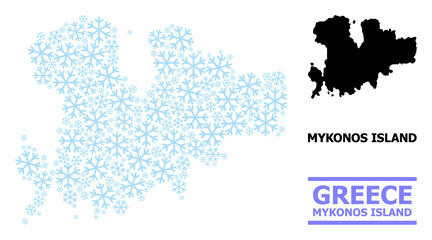 Vector mosaic map of Mykonos Island created for New Year, Christmas celebration, and winter. Mosaic map of Mykonos Island is created of light blue snow elements.