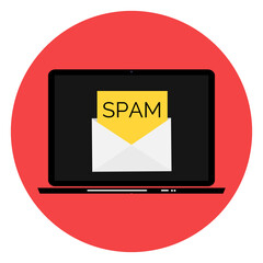 Envelope with spam. Spam Email Warning Window On Laptop Screen. Vector Illustration.