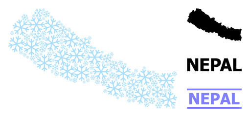Vector mosaic map of Nepal organized for New Year, Christmas celebration, and winter. Mosaic map of Nepal is shaped from light blue snow elements.