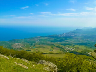 Crimean mountains. Mountains in Crimea at the sunny summer day. Alushta aerial view