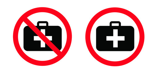No Emergency defibrillator AED AID CPR location signs. Stop not medic bag kit station inside for doctor. Flat vector medical logo symbol sign Automated externalicon label icon No ban signs