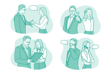 Teamwork, business communication, partnership concept. Young business people office workers partners cartoon characters communicating about job and discussing projects together illustration 