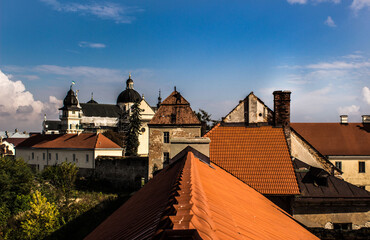 Roofs of a building through a window from another building against the sky.