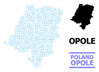 Fototapeta premium Vector mosaic map of Opole Province organized for New Year, Christmas celebration, and winter. Mosaic map of Opole Province is made with light blue snow items.