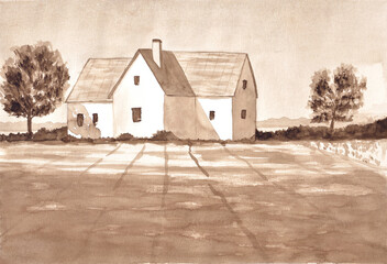 White cottage with a field. Farmhouse. Countryside. Monochrome hand painted watercolor illustration in sepia.