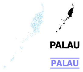 Vector collage map of Palau Islands created for New Year, Christmas celebration, and winter. Mosaic map of Palau Islands is created from light blue snow items.
