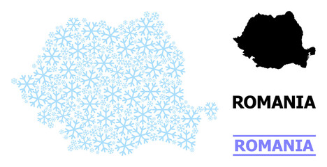 Obraz premium Vector composition map of Romania constructed for New Year, Christmas celebration, and winter. Mosaic map of Romania is constructed from light blue snowflakes.