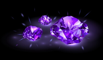 Three purple realistic gems on a dark background. Sapphires. Vector.