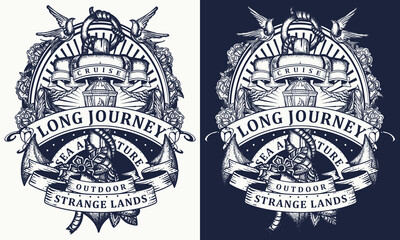 Anchor, roses flowers, ribbon and swallows birds. Sea adventure style. T-shirt design. Outdoor art. Traditional old school tattoo style. One color vector