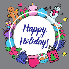 Obraz premium Happy Holidays, beautiful greeting card. Calligraphic inscription with frame of colorful holiday and winter elements. Creative print for textile, design, gift wrap. Vector illustration on grey board