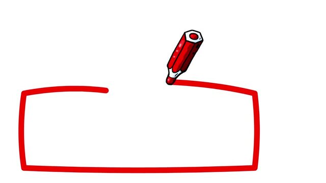 Cartoon magic red pencil springs out, draws a rectangle. Alpha channel included.