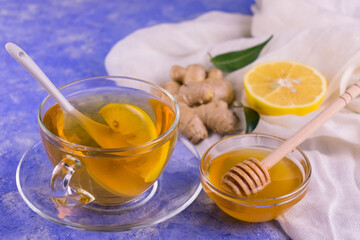 Ginger Tea Lemon Honey Blue Background Natural Tea Concept