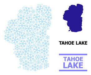 Vector collage map of Tahoe Lake created for New Year, Christmas celebration, and winter. Mosaic map of Tahoe Lake is created with light blue snow elements.